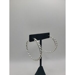 Silver Tone Twisted Rope Hoop Earrings Large Round Latch Back Textured Classic